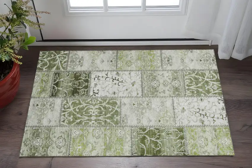 Green And Ivory Patchwork Washable Area Rug With UV Protection Photo 2