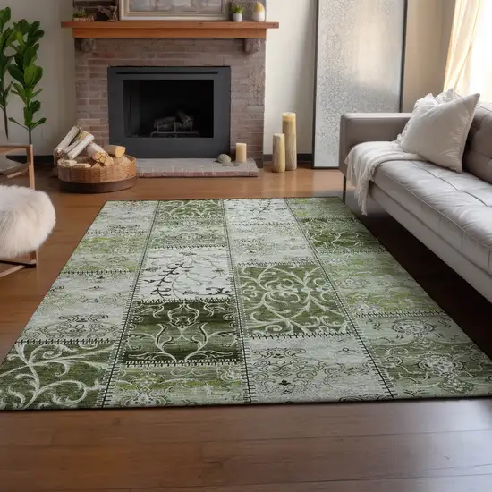 Green And Ivory Patchwork Washable Area Rug With UV Protection Photo 6