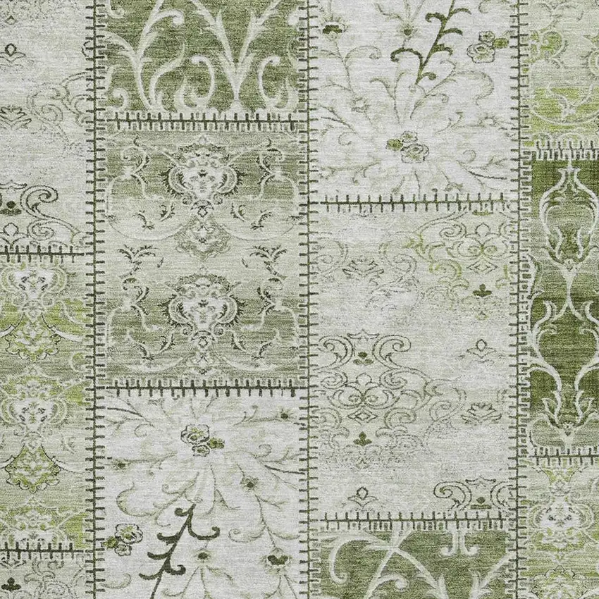 Green And Ivory Patchwork Distressed Washable Area Rug With UV Protection Photo 3