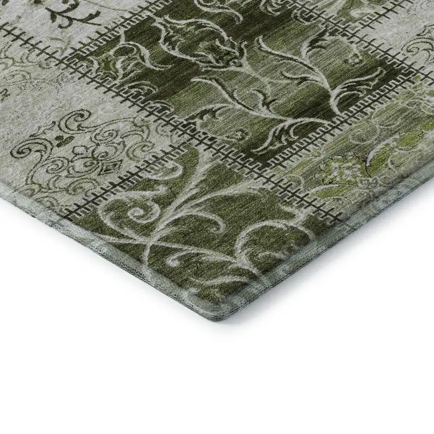 Green And Ivory Patchwork Distressed Washable Area Rug With UV Protection Photo 6