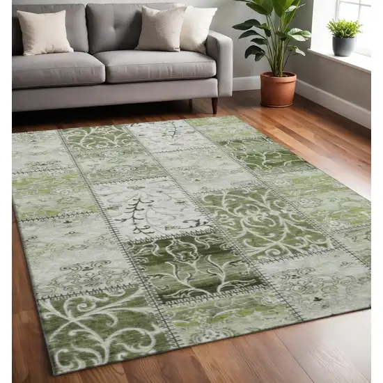 Green And Ivory Patchwork Washable Area Rug With UV Protection Photo 2