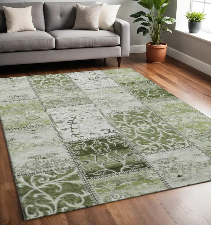Green And Ivory Patchwork Washable Area Rug With UV Protection Photo 2