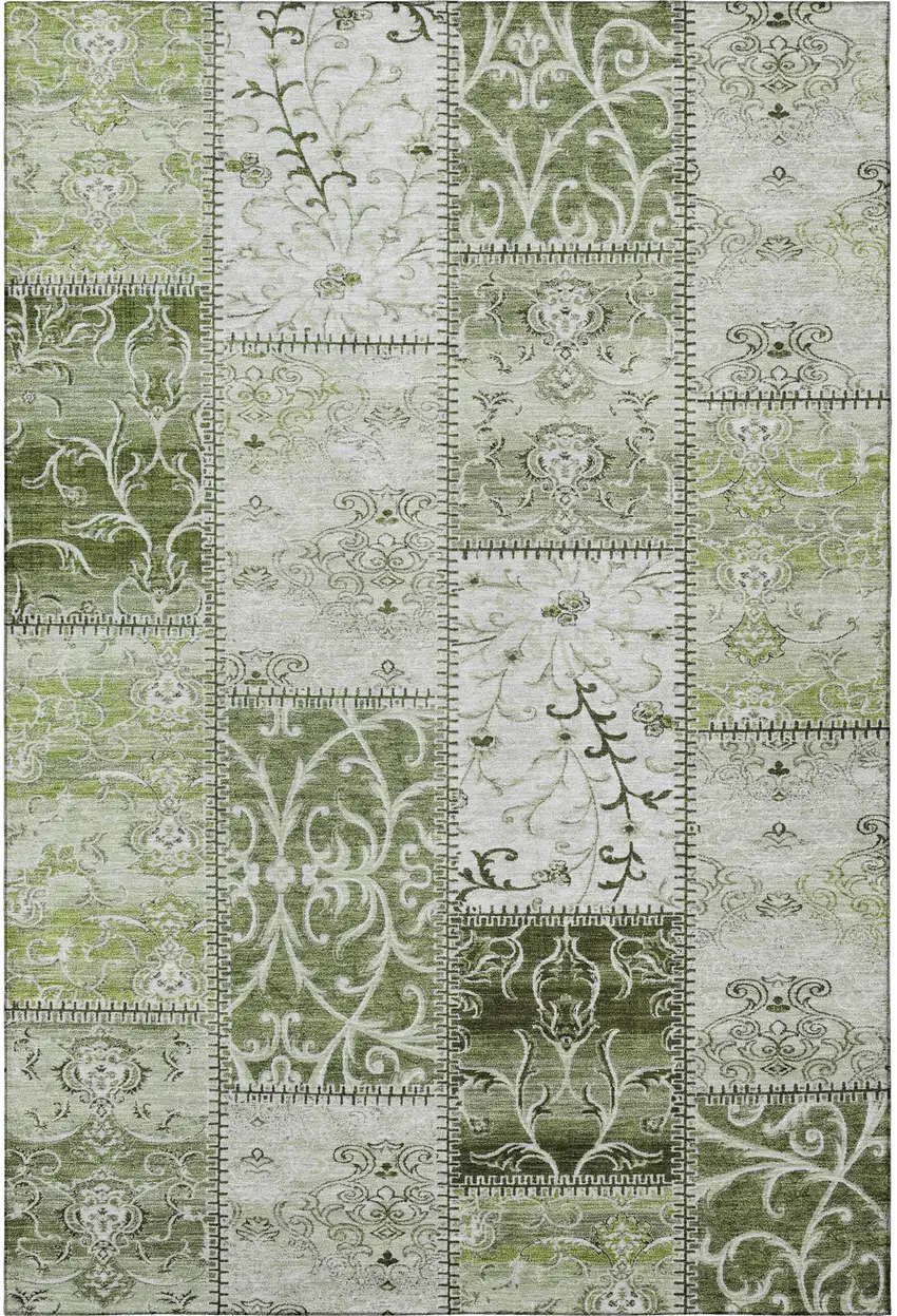 Green And Ivory Patchwork Washable Area Rug With UV Protection Photo 4