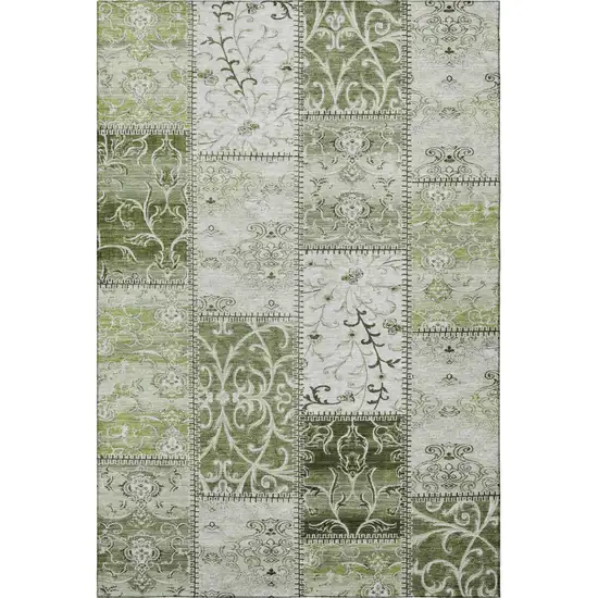 Green And Ivory Patchwork Distressed Washable Area Rug With UV Protection Photo 4
