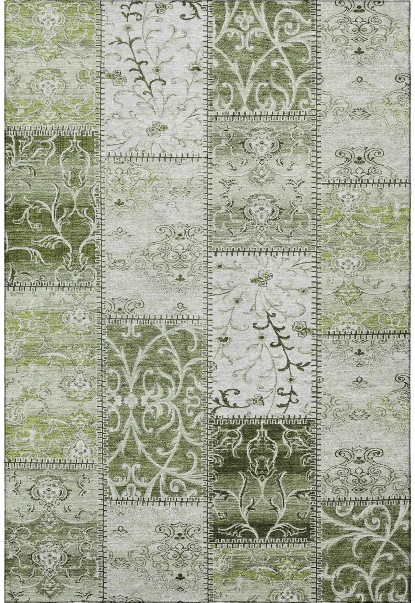 Green And Ivory Patchwork Distressed Washable Area Rug With UV Protection Photo 4