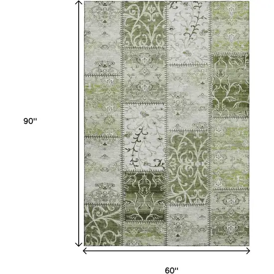 Green And Ivory Patchwork Distressed Washable Area Rug With UV Protection Photo 8