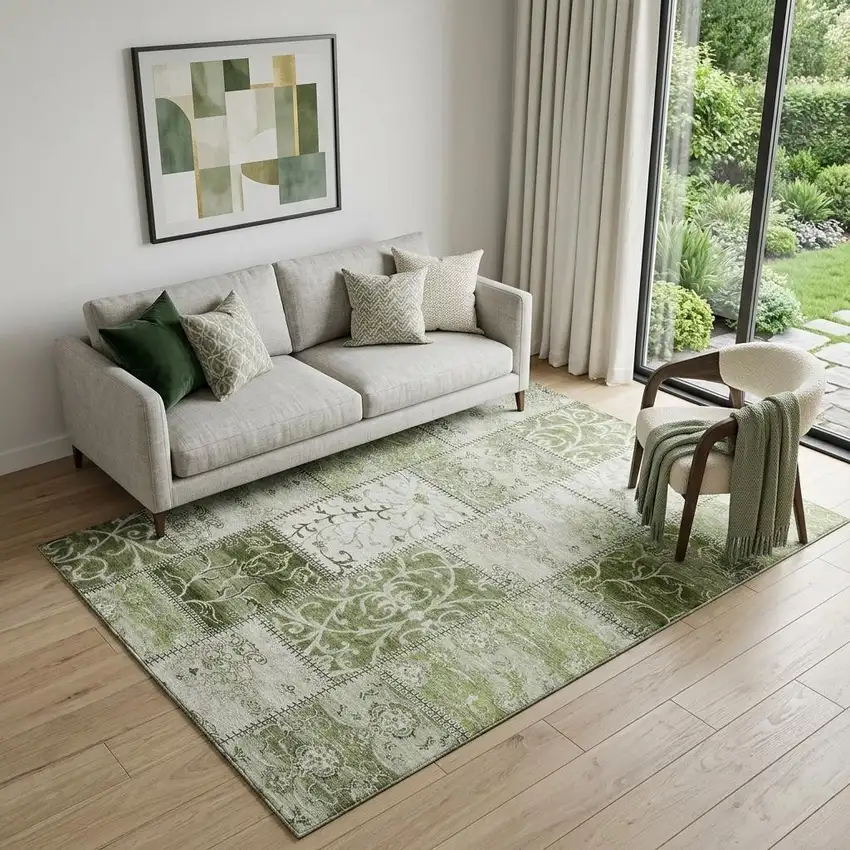 Green And Ivory Patchwork Distressed Washable Area Rug With UV Protection Photo 1