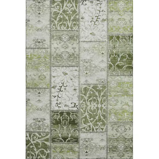 Green And Ivory Patchwork Distressed Washable Area Rug With UV Protection Photo 2