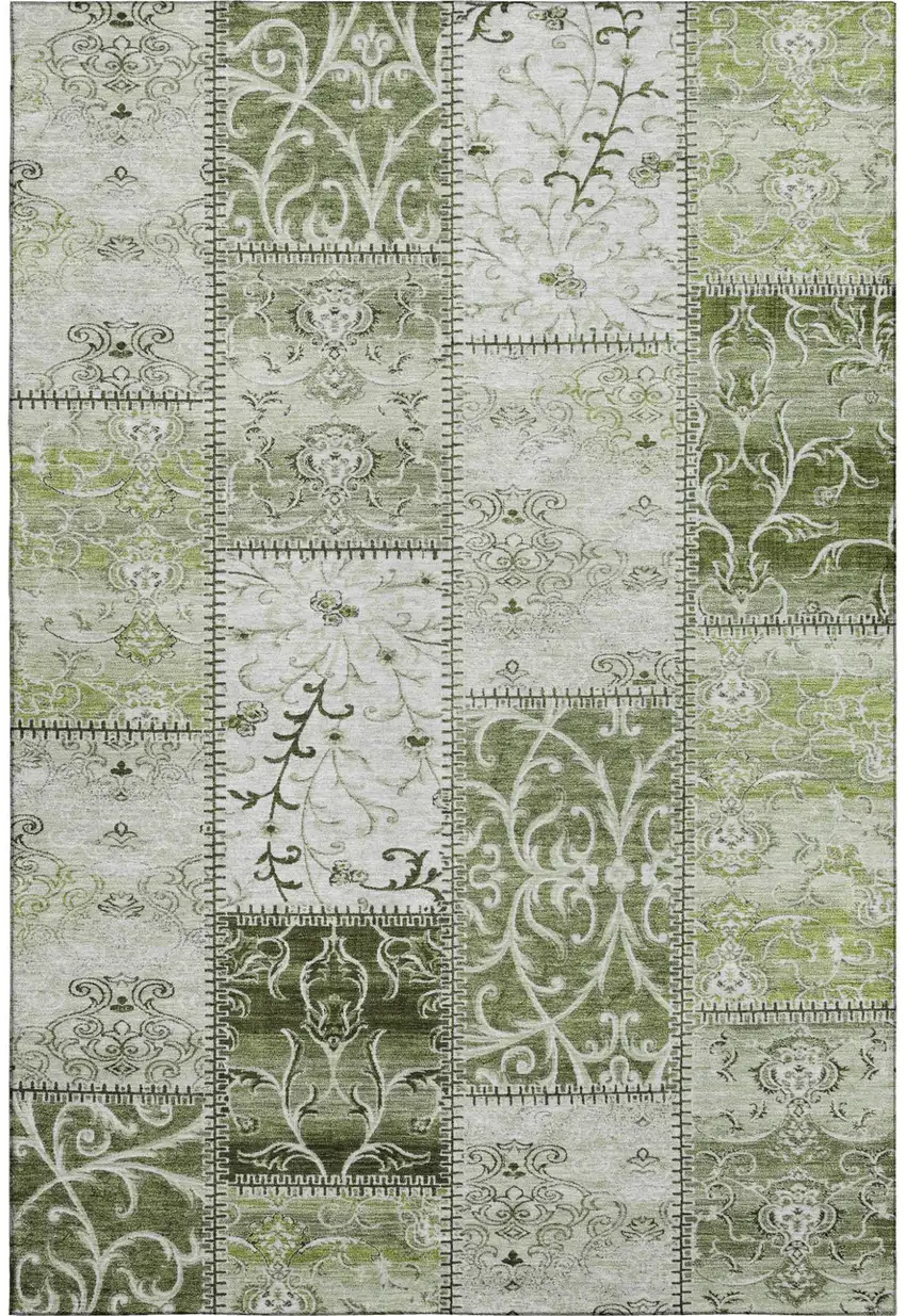 Green And Ivory Patchwork Distressed Washable Area Rug With UV Protection Photo 2