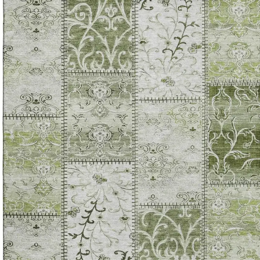Green And Ivory Patchwork Distressed Washable Area Rug With UV Protection Photo 3
