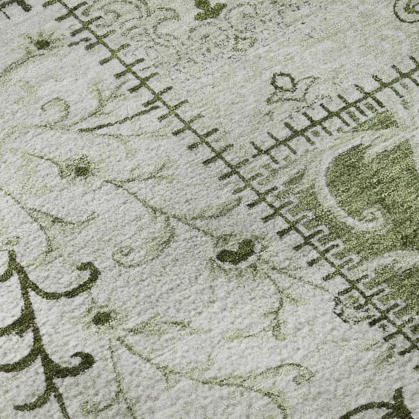 Green And Ivory Patchwork Distressed Washable Area Rug With UV Protection Photo 9
