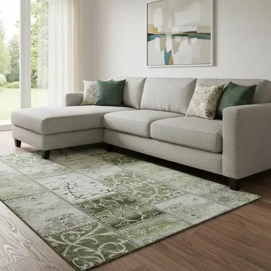 Green And Ivory Patchwork Washable Area Rug With UV Protection Photo 1