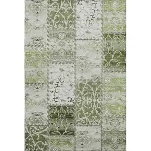 Photo of Green And Ivory Patchwork Washable Area Rug With UV Protection