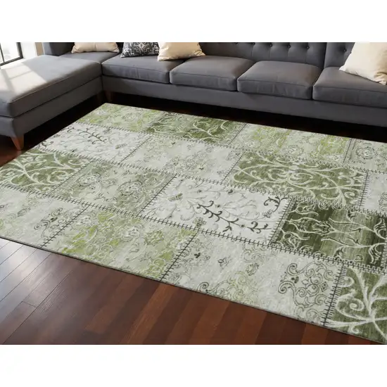 Green And Ivory Patchwork Washable Area Rug With UV Protection Photo 2