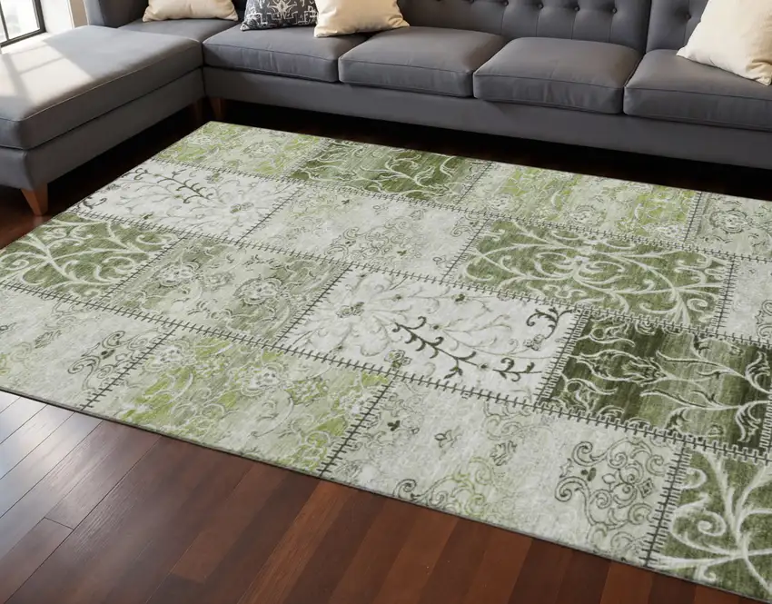 Green And Ivory Patchwork Washable Area Rug With UV Protection Photo 2