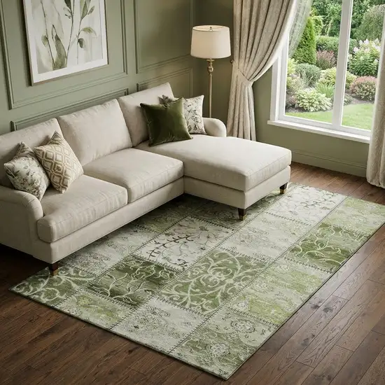 Green And Ivory Patchwork Distressed Washable Area Rug With UV Protection Photo 1