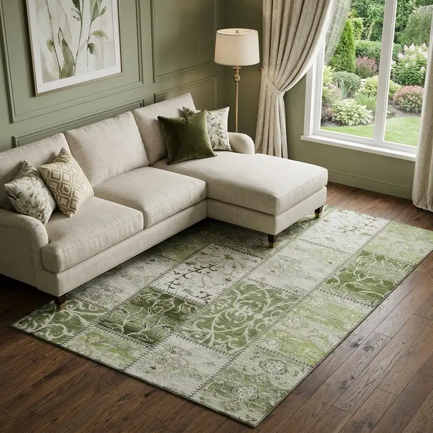 Green And Ivory Patchwork Distressed Washable Area Rug With UV Protection Photo 1