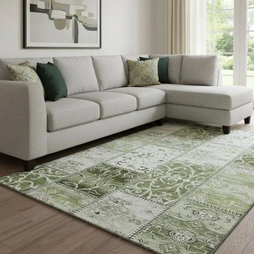 Green And Ivory Patchwork Washable Area Rug With UV Protection Photo 1