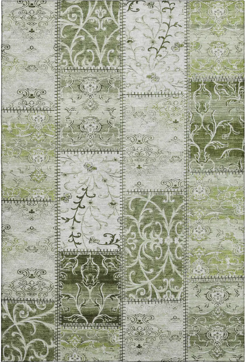 Green And Ivory Patchwork Washable Area Rug With UV Protection Photo 1