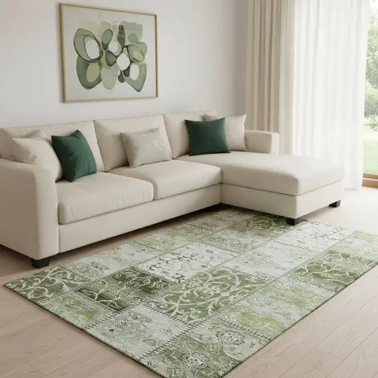 Green And Ivory Patchwork Washable Area Rug With UV Protection Photo 1