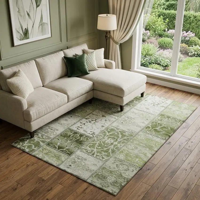 Green And Ivory Patchwork Distressed Washable Area Rug With UV Protection Photo 1