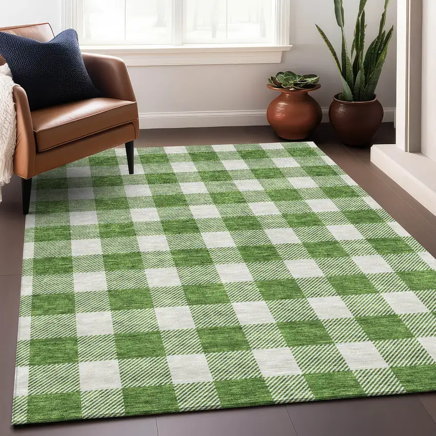 Green And Ivory Plaid Washable Area Rug With UV Protection Photo 3
