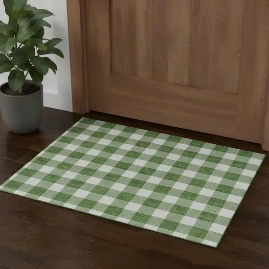 Green And Ivory Plaid Washable Area Rug With UV Protection Photo 1