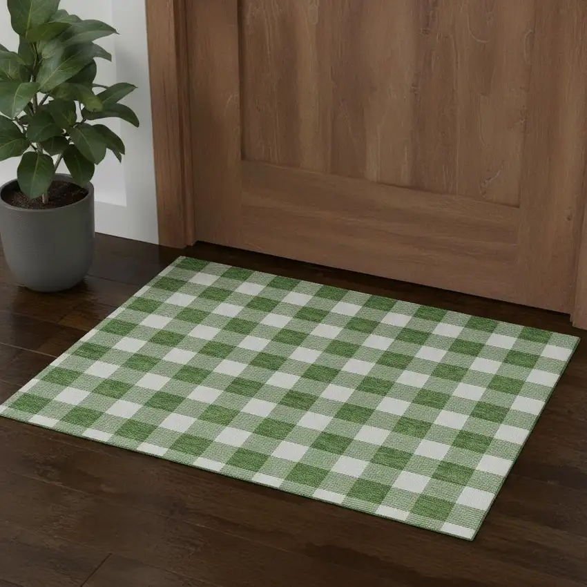 Green And Ivory Plaid Washable Area Rug With UV Protection Photo 1