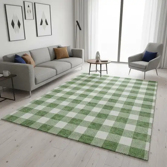 Green And Ivory Plaid Washable Area Rug With UV Protection Photo 2
