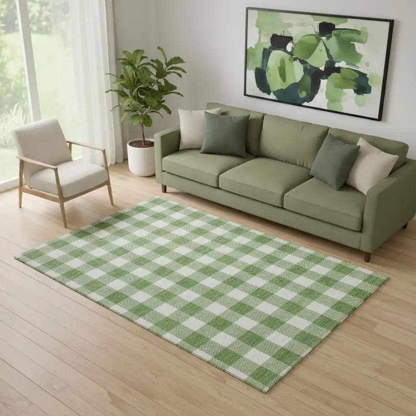 Green And Ivory Plaid Washable Area Rug With UV Protection Photo 1