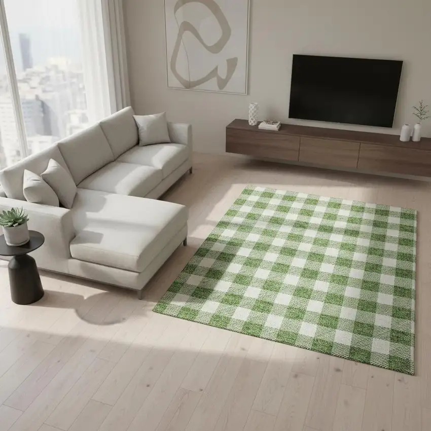 Green And Ivory Plaid Washable Area Rug With UV Protection Photo 2