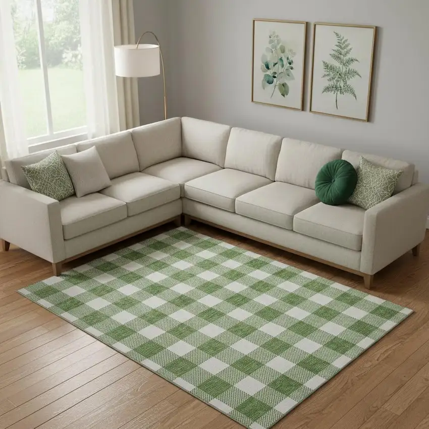 Green And Ivory Plaid Washable Area Rug With UV Protection Photo 1