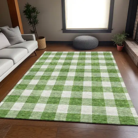 Green And Ivory Plaid Washable Area Rug With UV Protection Photo 5