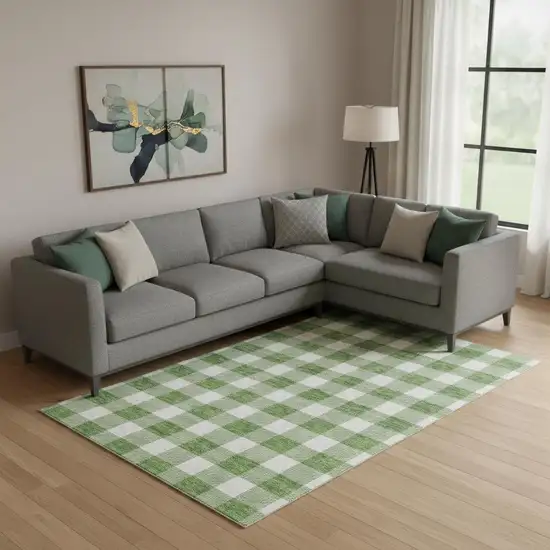 Green And Ivory Plaid Washable Area Rug With UV Protection Photo 1