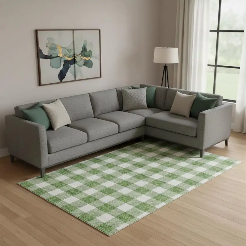 Green And Ivory Plaid Washable Area Rug With UV Protection Photo 1