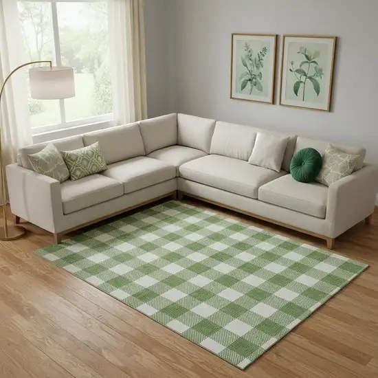 Green And Ivory Plaid Washable Area Rug With UV Protection Photo 1