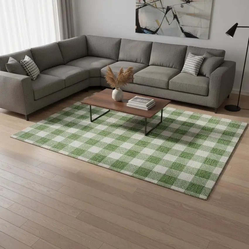 Green And Ivory Plaid Washable Area Rug With UV Protection Photo 2