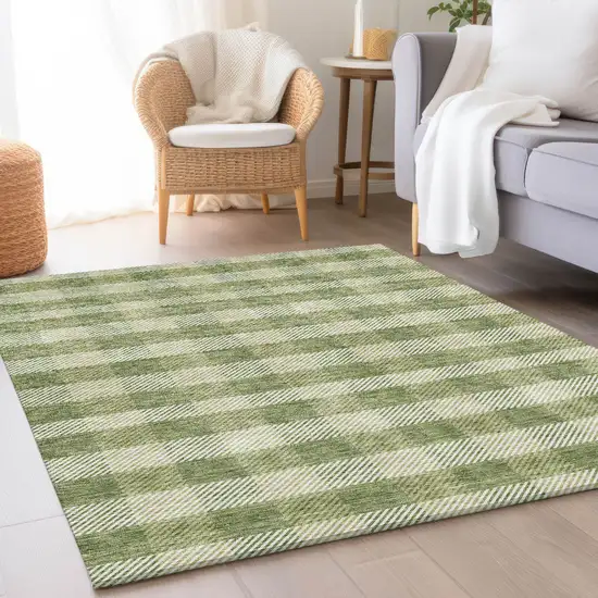 Green And Ivory Plaid Washable Area Rug With UV Protection Photo 3