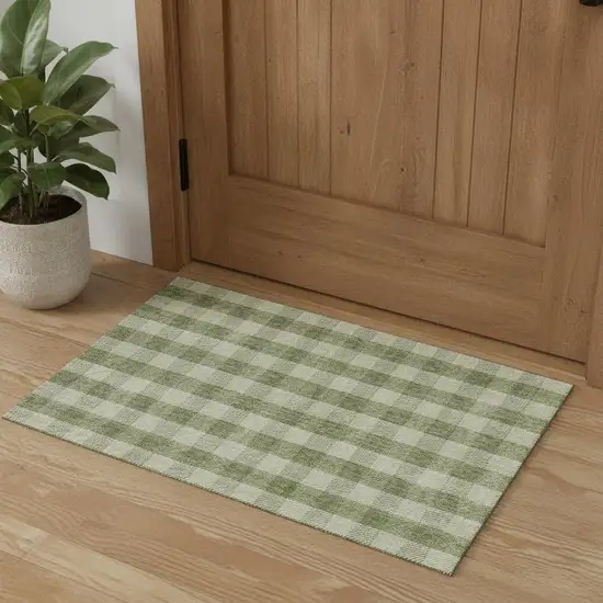 Green And Ivory Plaid Washable Area Rug With UV Protection Photo 1