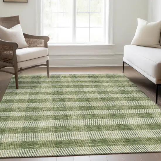 Green And Ivory Plaid Washable Area Rug With UV Protection Photo 4