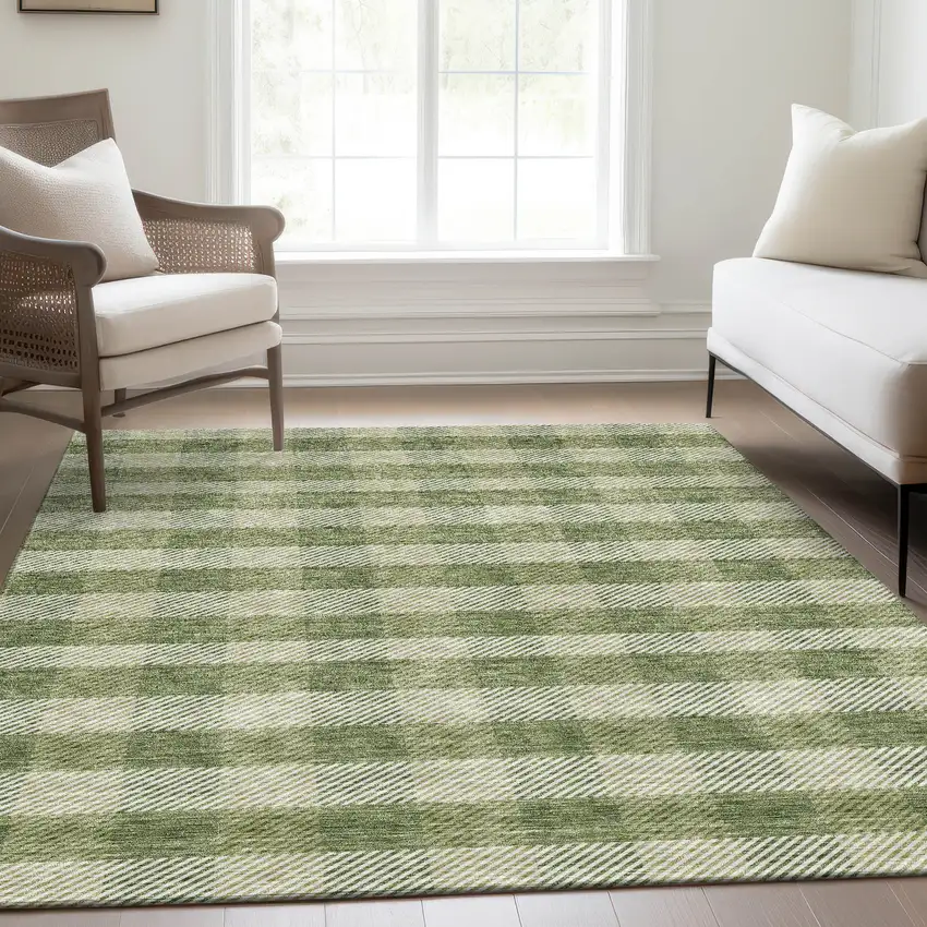 Green And Ivory Plaid Washable Area Rug With UV Protection Photo 5