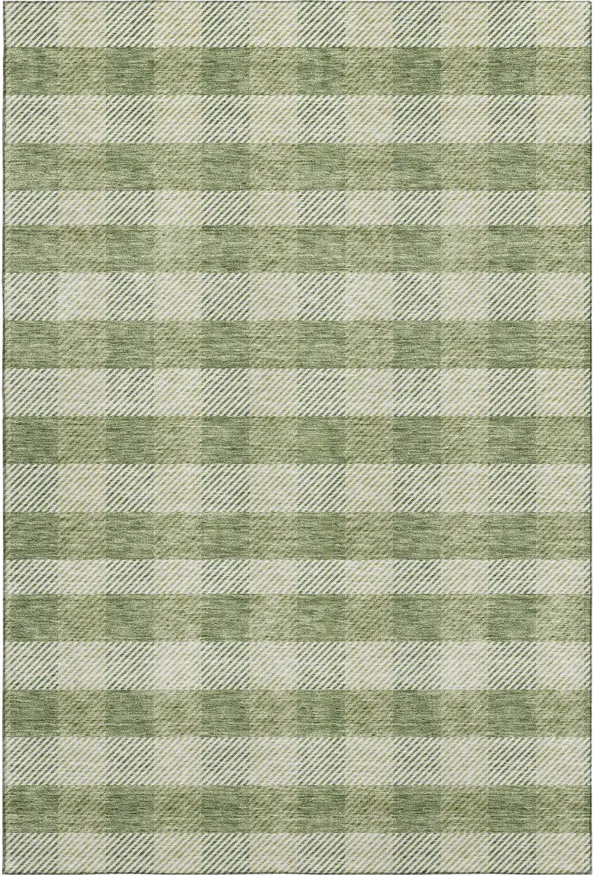 Green And Ivory Plaid Washable Area Rug With UV Protection Photo 1