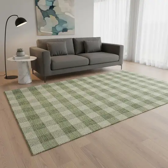Green And Ivory Plaid Washable Area Rug With UV Protection Photo 2
