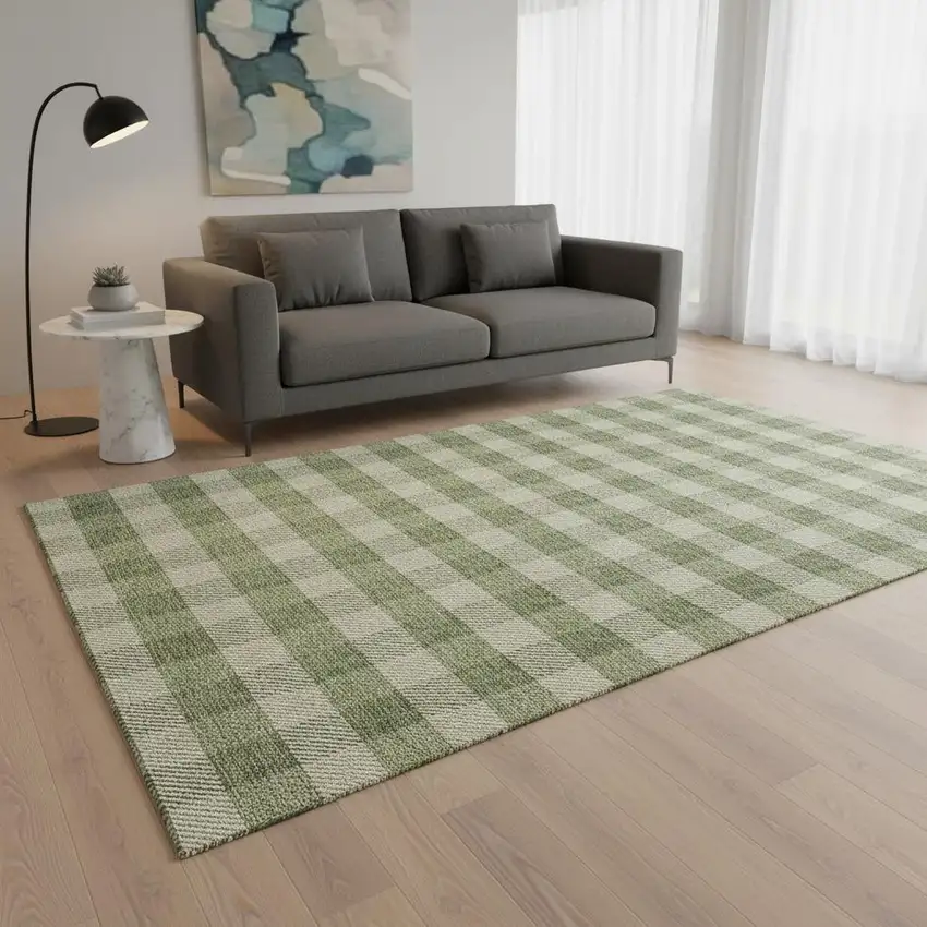 Green And Ivory Plaid Washable Area Rug With UV Protection Photo 2
