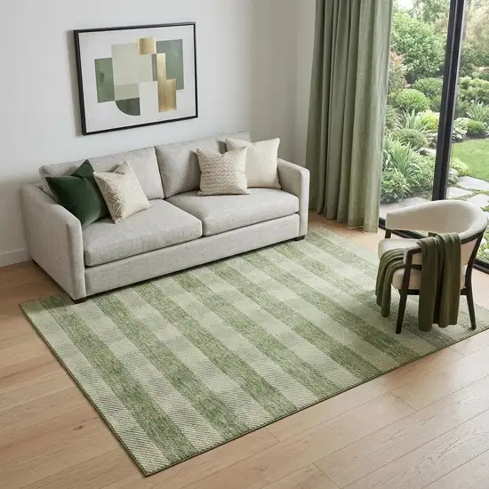 Green And Ivory Plaid Washable Area Rug With UV Protection Photo 1