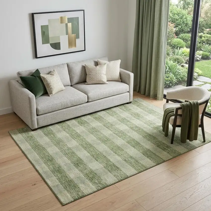 Green And Ivory Plaid Washable Area Rug With UV Protection Photo 1