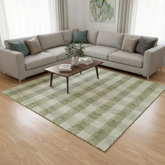 Green And Ivory Plaid Washable Area Rug With UV Protection Photo 2