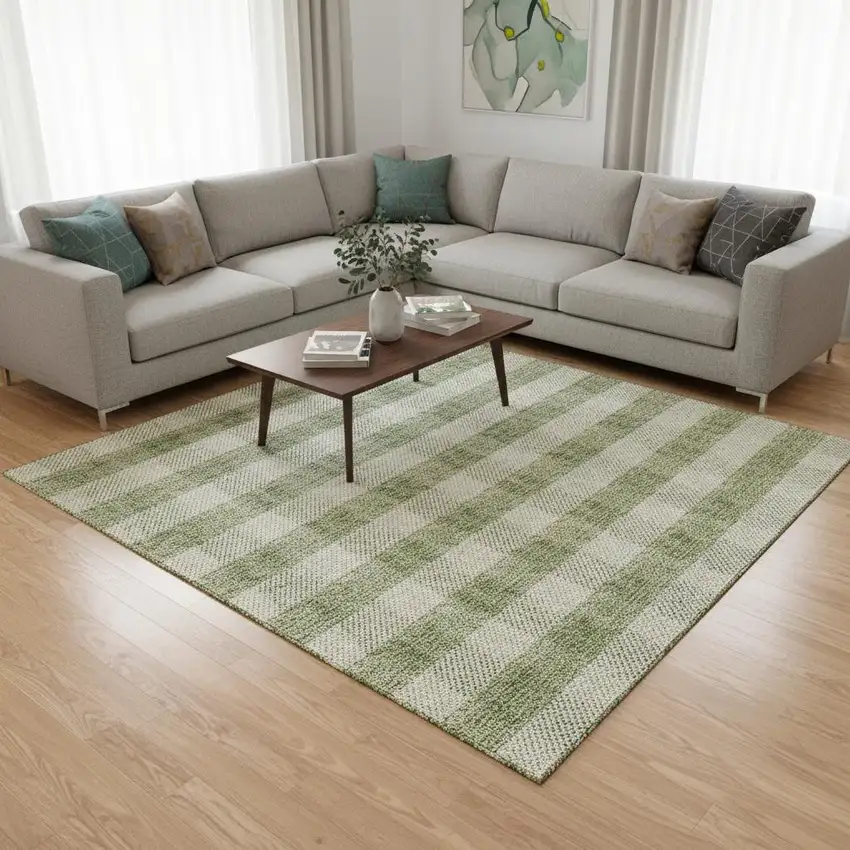 Green And Ivory Plaid Washable Area Rug With UV Protection Photo 2