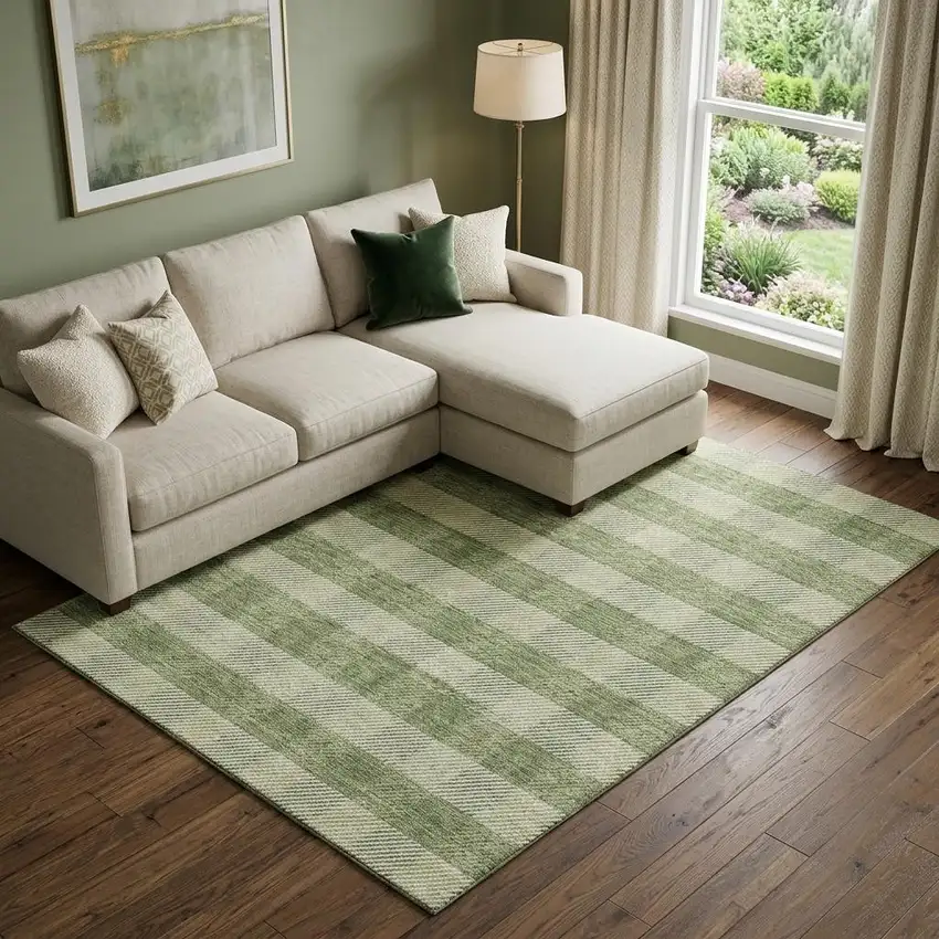Green And Ivory Plaid Washable Area Rug With UV Protection Photo 1