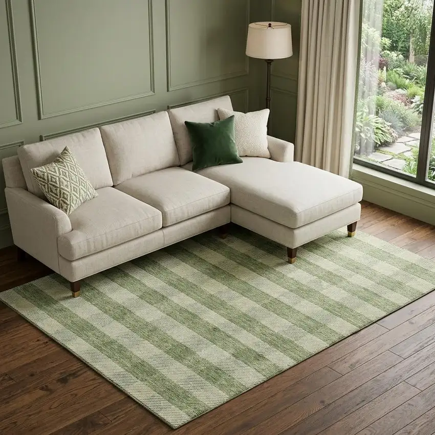 Green And Ivory Plaid Washable Area Rug With UV Protection Photo 1